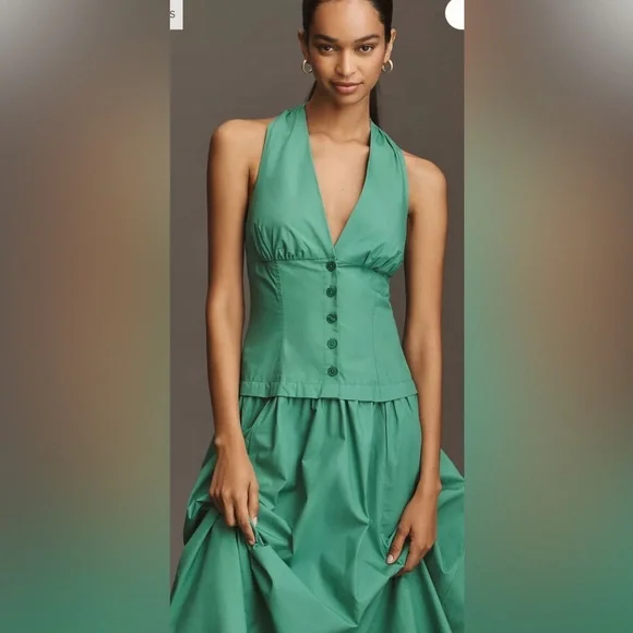 Anthropologie Maeve Halter V-Neck Drop-Waist Green Midi Dress Large NWT - Picture 3 of 3